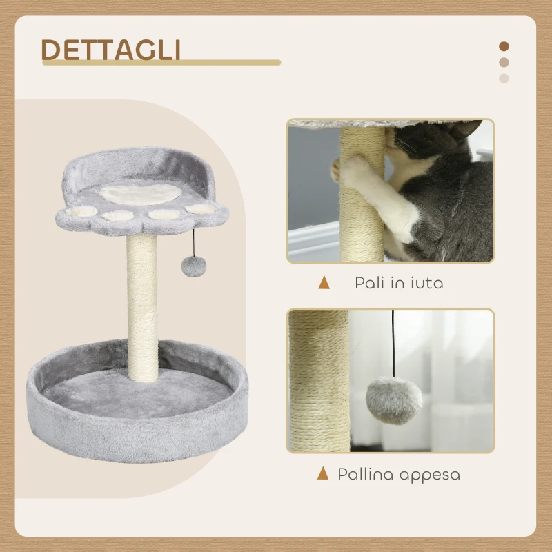 PawHut Tiragraffi per Gatti con Lettini, Corda in Juta e Peluche, 41x41x44 cm, Grigio Chiaro