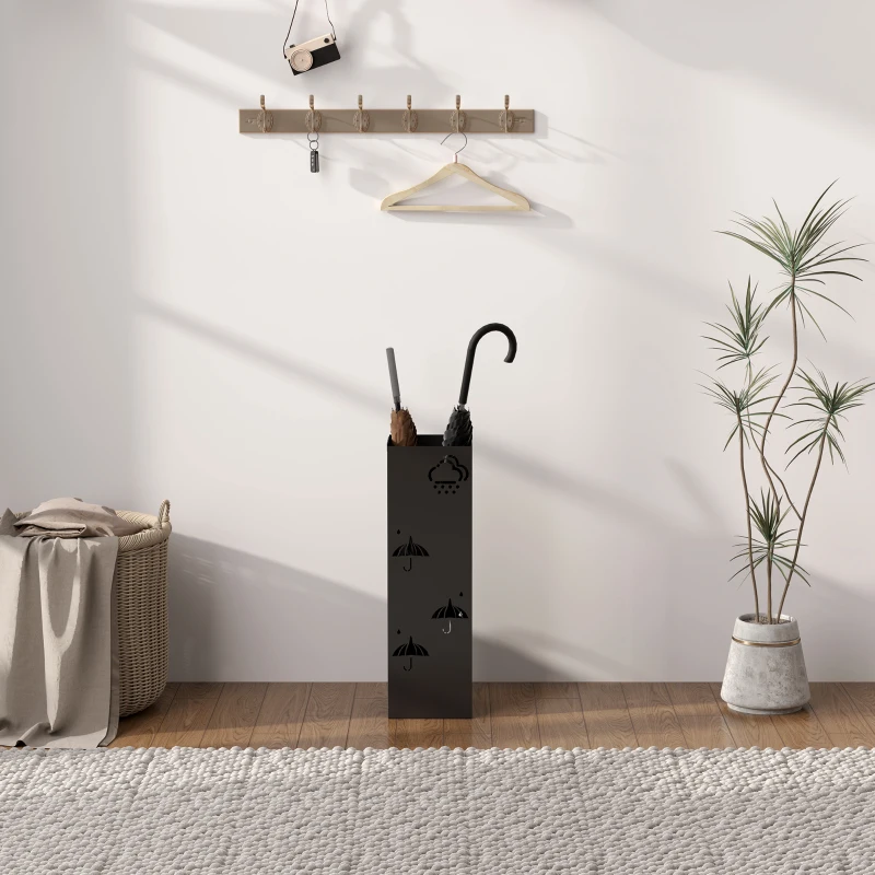 HOMCOM Metalen Paraplustandaard, 4 Haken, Wolk- en Paraplumotief, Druipbak, Zwart