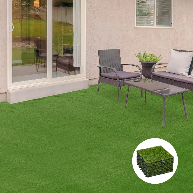 Outsunny Césped Sintético de 10 Piezas 30x30 cm con Altura de Hierba 25 mm Anti-UV Alfombra Césped Artificial Verde Oscuro