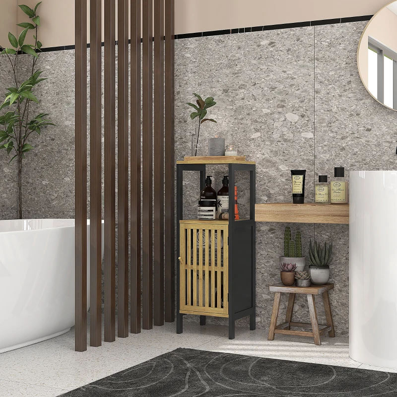 HOMCOM Meuble bas de salle de bain en bambou avec placard 1 porte niche ouverte 32 x 30 x 90,5 cm, noir et bois