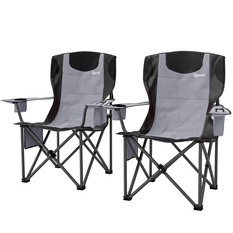 Outsunny Set of 2 Folding Camping Chairs, Padded Camping Chairs with Adjustable Armrests, Portable & Lightweight Folding Camp Chair with Cooler Bag, Cup Holder and Side Pockets, Grey