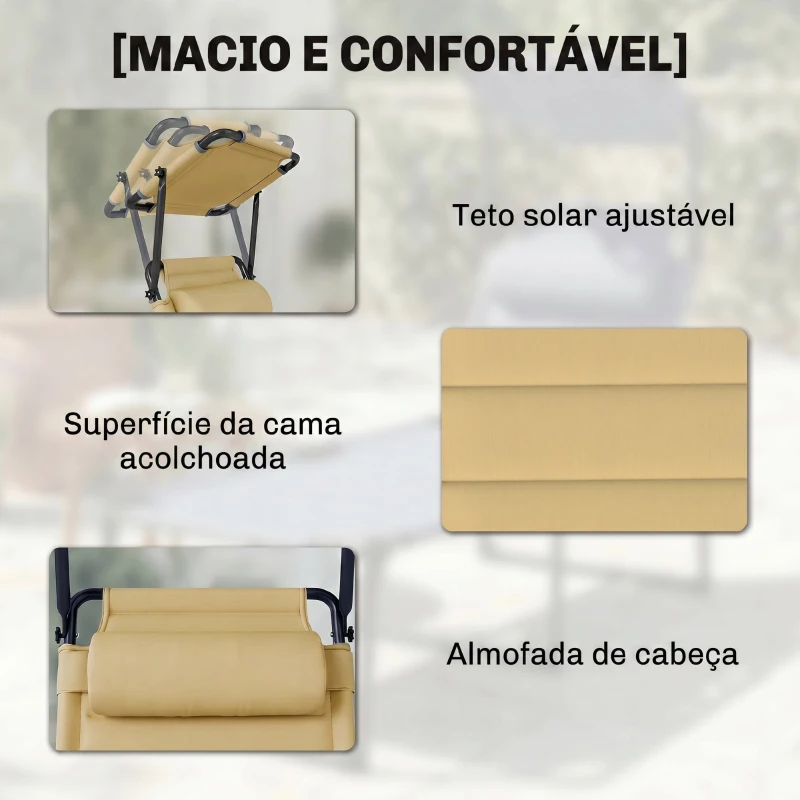 Outsunny Espreguiçadeira Dobrável Espreguiçadeira de Jardim com Toldo Ajustável para Jardim Terraço Piscina 70x200x45 cm Creme