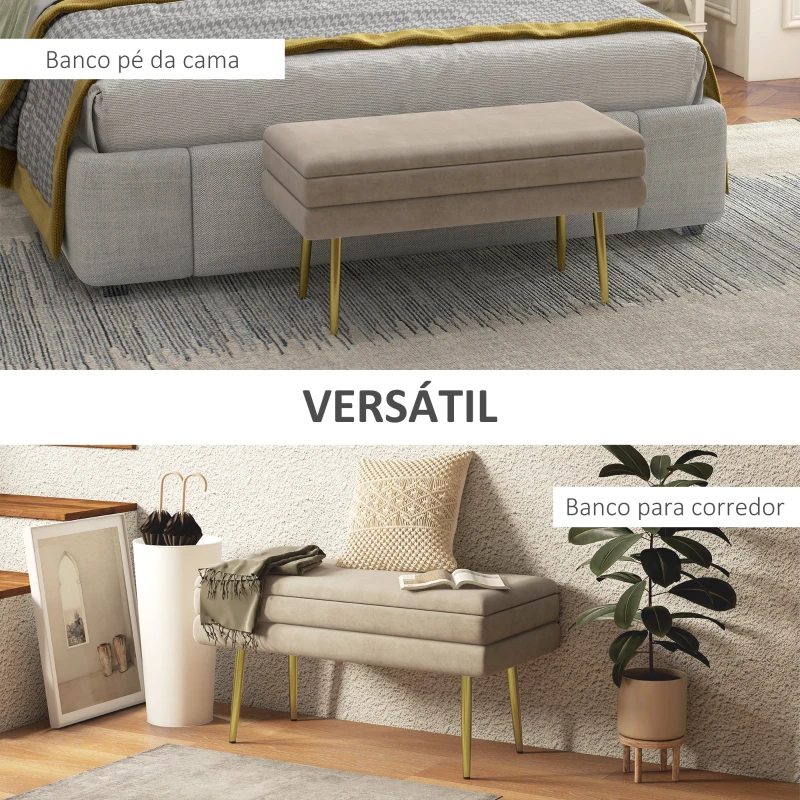 HOMCOM Banco Pé de Cama 30L Banco com Armazenamento para Dormitório Estofado em Veludo 79,5x37,5x43 cm Bege