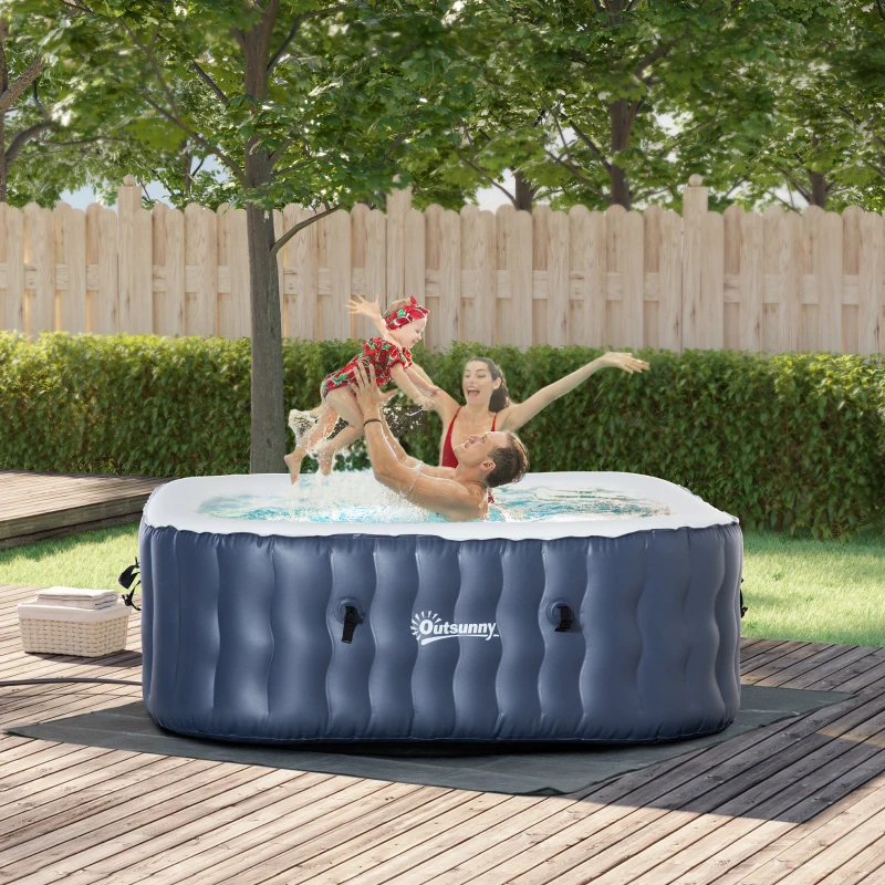 Outsunny Spa gonflable carré 930 litres avec 108 jets de massage 4-6 personnes spa chauffé à 40°C avec filtre et pompe 180x180 cm, liner PVC bleu et blanc