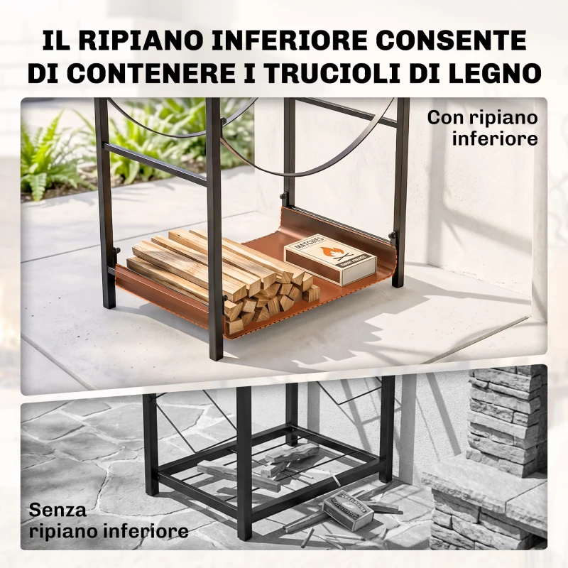 Outsunny Portalegna da Interno ed Esterno Rialzato a 2 Ripiani, Porta Legna da Ardere in Metallo con Supporti Rimovibili, Paletta, Scopa, Attizzatoio e Pinza, Capacità 70 kg, 44.5x29.5x73 cm, Nero