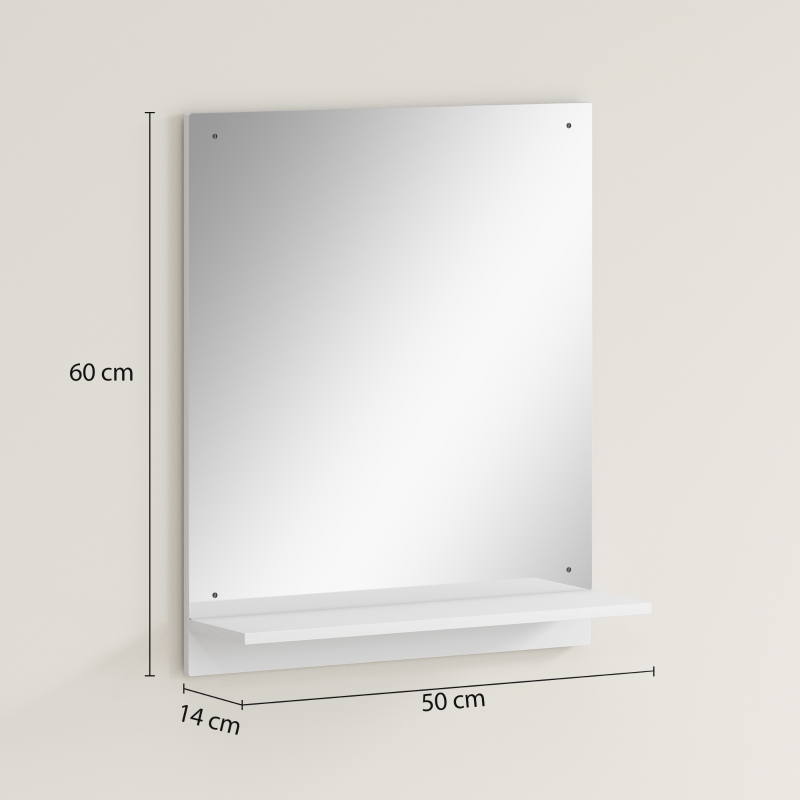 HOMCOM Badkamerspiegel 50 x 60 cm muurspiegel met plank, badkamerspiegel voor hal en gang, wit