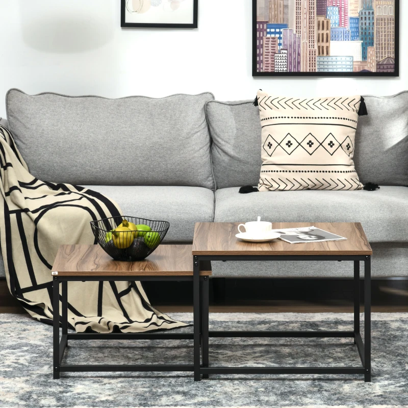 HOMCOM Set van 2 bijzettafels, industrieel design, zwart stalen frame, tafelblad met houteffect