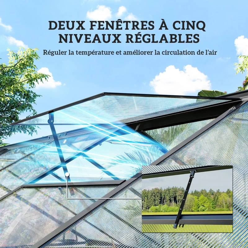 Outsunny Serre de jardin en aluminium polycarbonate, serre avec fenêtres supérieures réglables 363x247x205cm noir