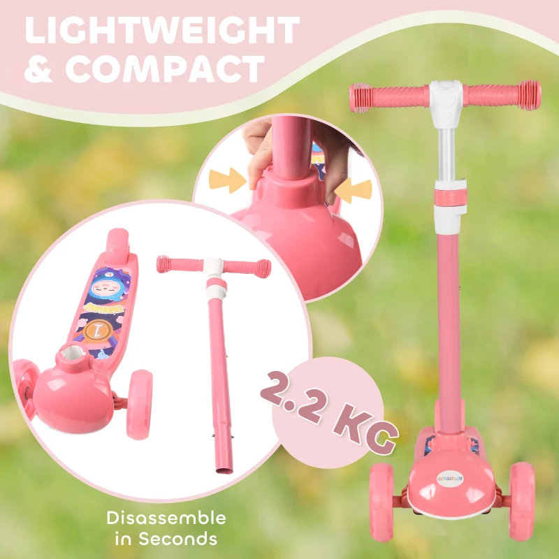AIYAPLAY Patinete Infantil Patinete con 3 Ruedas Luces LED Altura Ajustable Carga 25 kg 52x29x63-76 cm Rosa