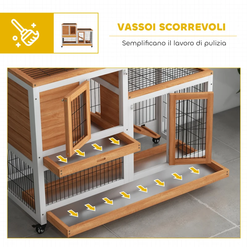 PawHut Conigliera in Legno con Ruote, Vassoi Estraibili e Casetta con Rampa, 110x50x88 cm, Giallo e Bianco