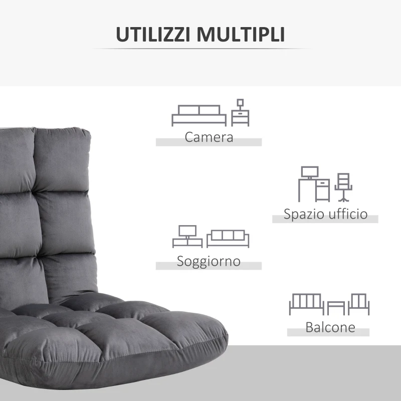 HOMCOM Poltrona da Terra in Velluto con Schienale Reclinabile fino 180° e Imbottitura Spessa, 55x71x53.5cm, Grigio Scuro