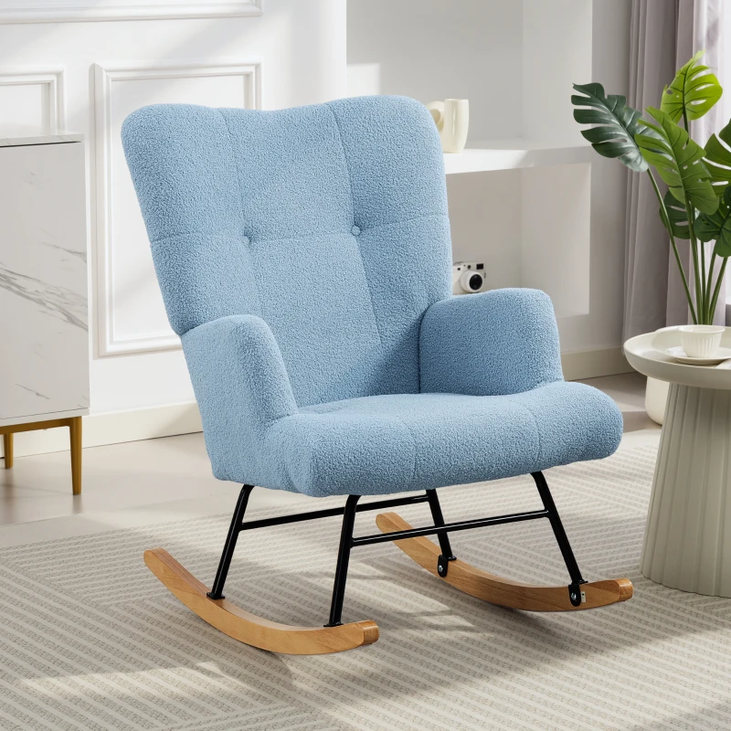 HOMCOM Silla Mecedora de Terciopelo de Teddy con Respaldo Alto Patas de Madera de Caucho Reposabrazos Azul Claro