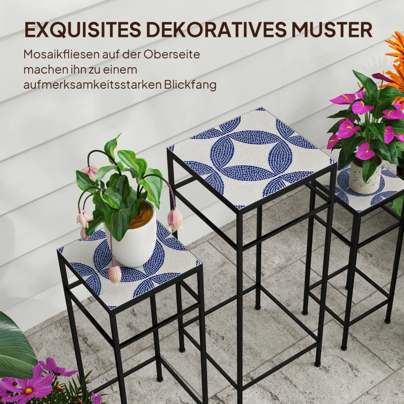 Outsunny Set van 3 Plantenstandaards, 3 Maten Rekken voor het Presenteren van Bloemen en Overige Objecten, Blauw+Wit