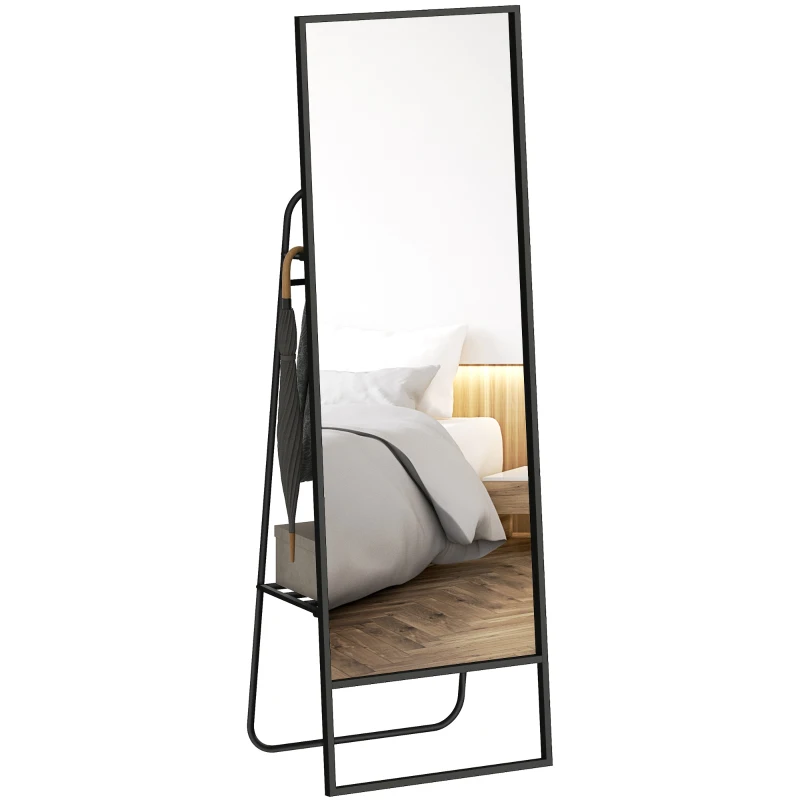 HOMCOM Passpiegel met industrieel design, achterplank, 2 haken en metalen frame, voor slaapkamer, 157 x 50 cm, zwart
