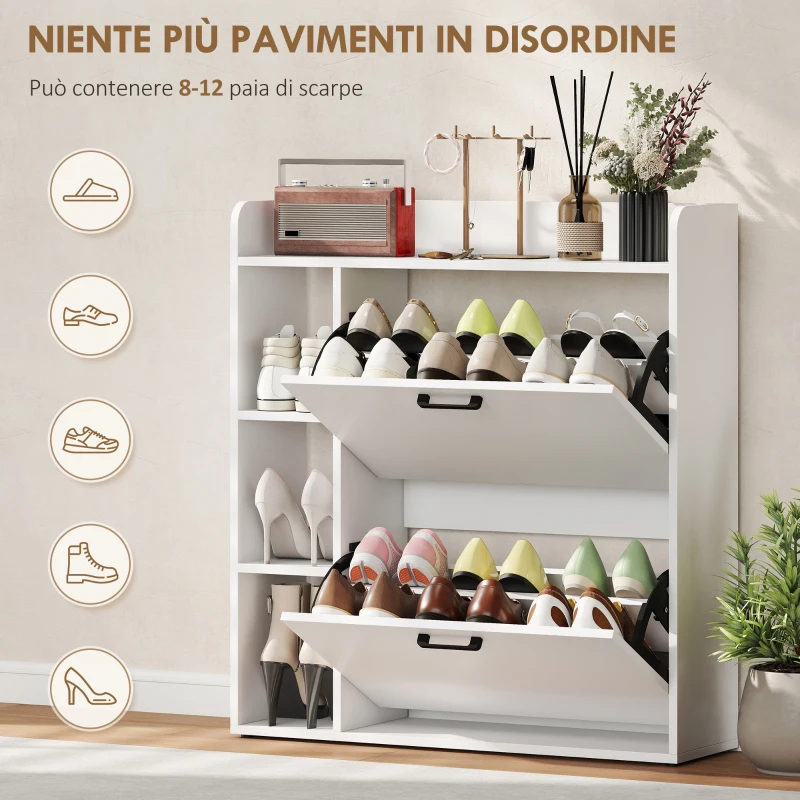 HOMCOM Scarpiera Slim con 2 Cassetti Ribaltabili e 3 Vani Aperti, Capacità 15 Scarpe, 83x24x90.5 cm, Bianco