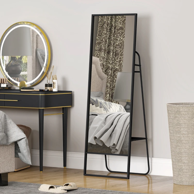 HOMCOM Passpiegel met industrieel design, achterplank, 2 haken en metalen frame, voor slaapkamer, 157 x 50 cm, zwart