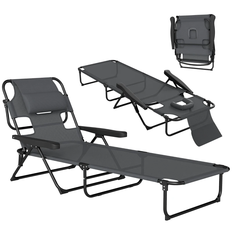 Outsunny Chaise longue de jardin pliante dossier réglable sur 4 niveaux, trou de lecture et appui-tête 72L x 194l x 89H cm Gris