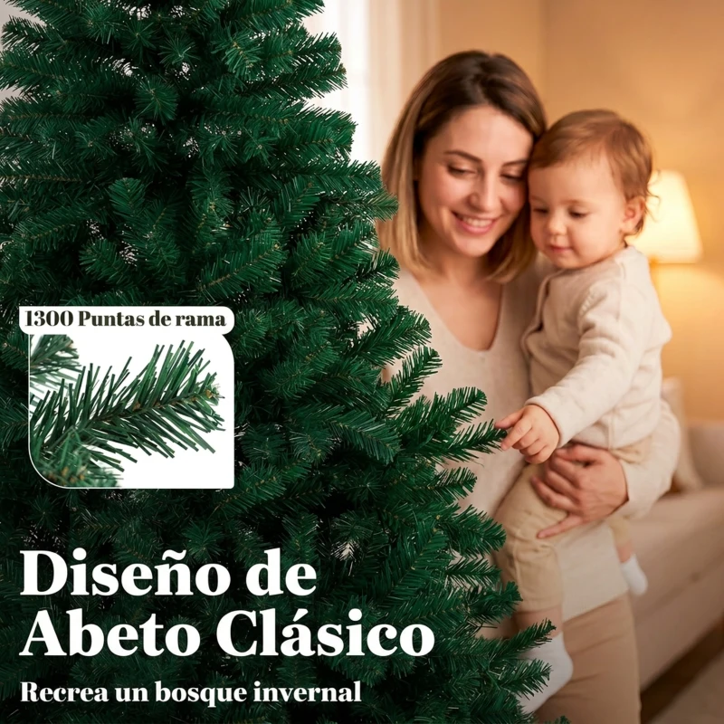HOMCOM Árbol de Navidad de Abeto 230 cm con Ramas Articuladas 1300 Puntas de PVC Ignífugo Montaje Rápido Soporte de Acero Verde