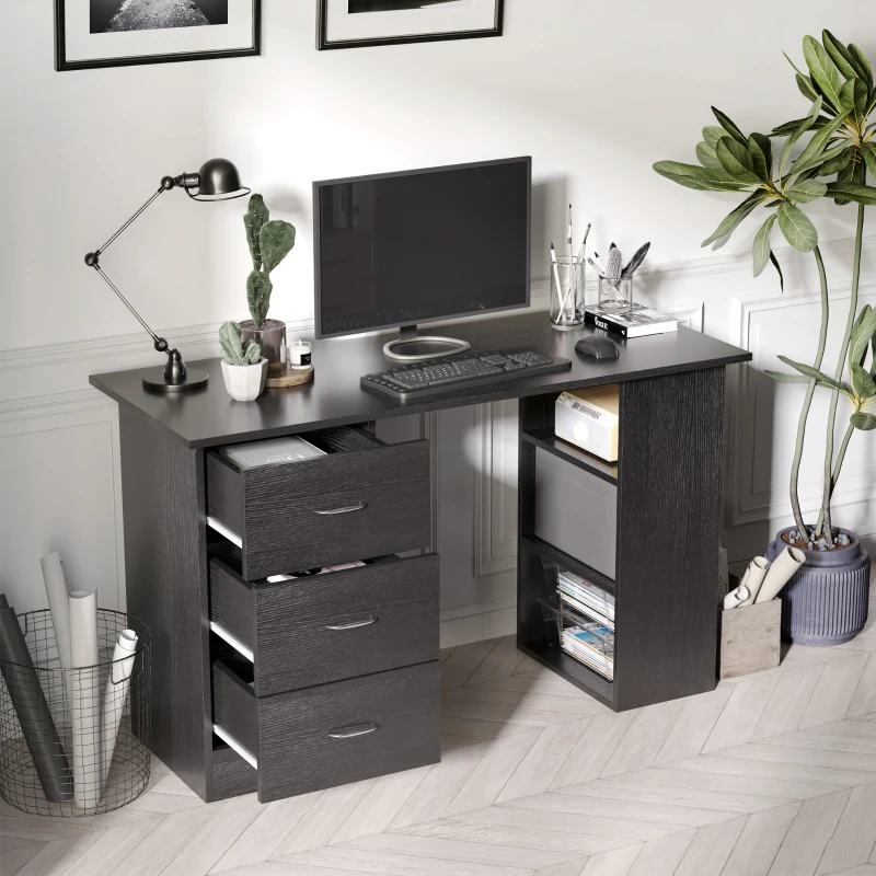 HOMCOM Scrivania PC con 3 Ripiani e 3 Cassetti per Camera e Ufficio, in Legno MDF, 120x49x72 cm, Nera