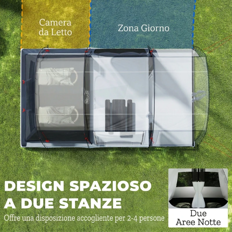 Outsunny Tenda Campeggio a Tunnel per 2-4 Persone Alta 210cm con 2 Stanze, Impermeabile 3000mm per Trekking, Blu navy