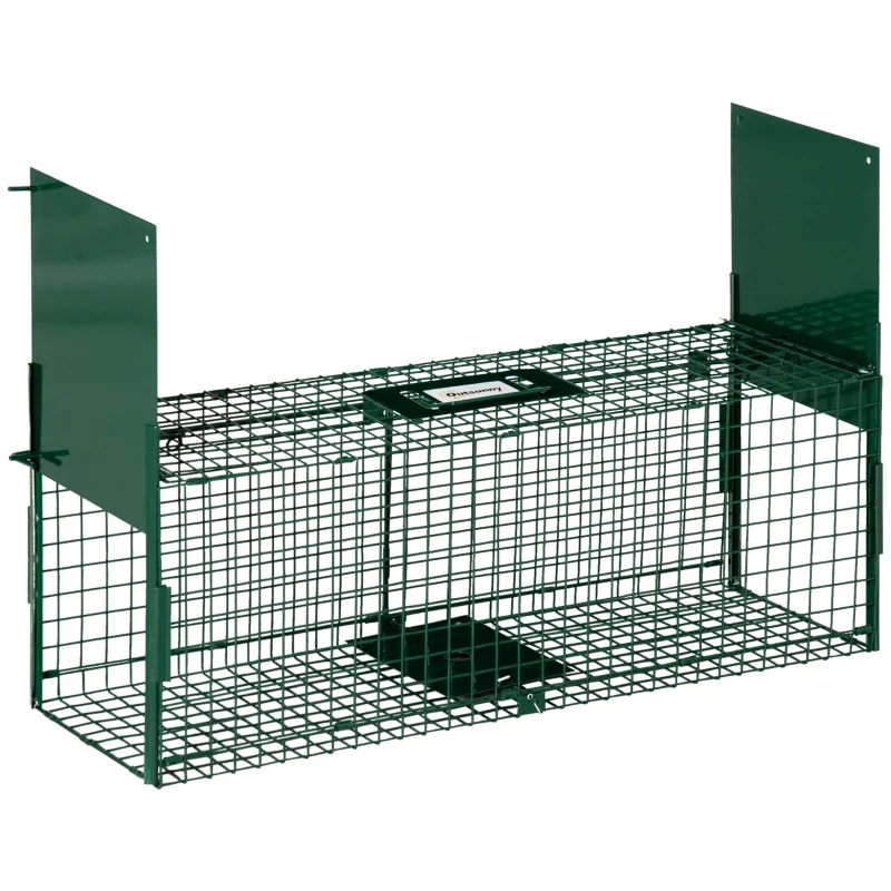 Outsunny Trampa para Animales Vivos 80x25x30 cm Jaula Trampa para Ratas con 2 Puertas Asa y Marco de Acero para Ratones Roedores Verde Oscuro