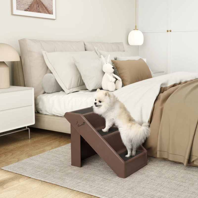 PawHut Scaletta per Cani e Gatti con 3 Scalini Antiscivolo per Letti Alti e Divani, 53x30.5x36.5 cm, Marrone