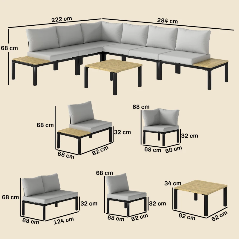 Outsunny Salon de Jardin Modulaire 6 Pièces Ensemble Canapé Extérieur Transformable en Lit Table Basse et Plateaux Latéraux Gris