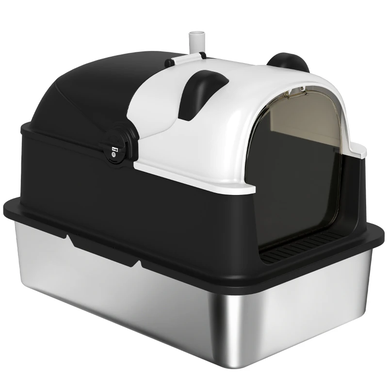 PawHut Arenero para Gatos Grandes Cubierto XL de Acero Inoxidable con Tapa Abatible Pala Bolsa Desodorante Diseño Panda Negro