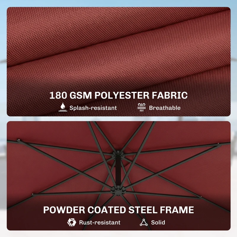 Outsunny 3 m Overhanging Cantilever Parasol, with Cross Base - Wine Red