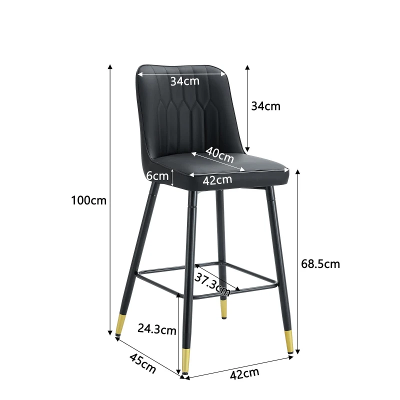 Lot de 2 tabourets de bar hauteur, design moderne et confortable, dossier incurvé et repose-pieds, 42x45x100 cm, Noir