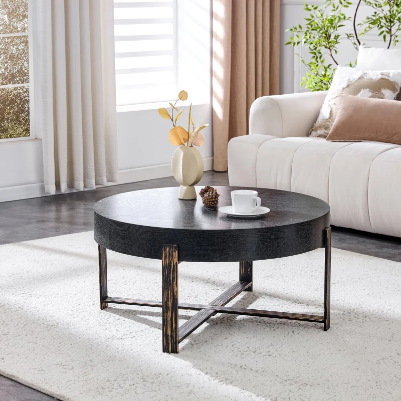 Table basse ronde style rétro‑industriel, stable et résistante, patins antidérapants et protège‑sol, 68x68x36 cm, Noir