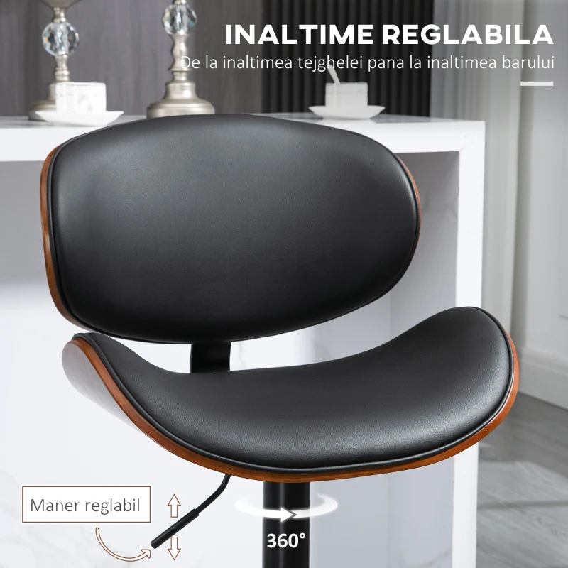 HOMCOM, Set de 2 Scaune de Bar, Cu Spătar Reglabile pe Înălțime, PU, oțel, 53x52x96-116 cm, Negru
