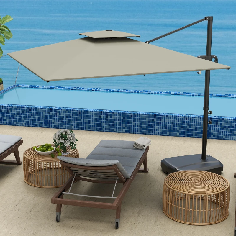 Outsunny Parasol déporté carré 2,5 x 2,5 m, parasol de jardin extérieur avec manivelle, 2 bases incluses, 8 baleines, gris clair