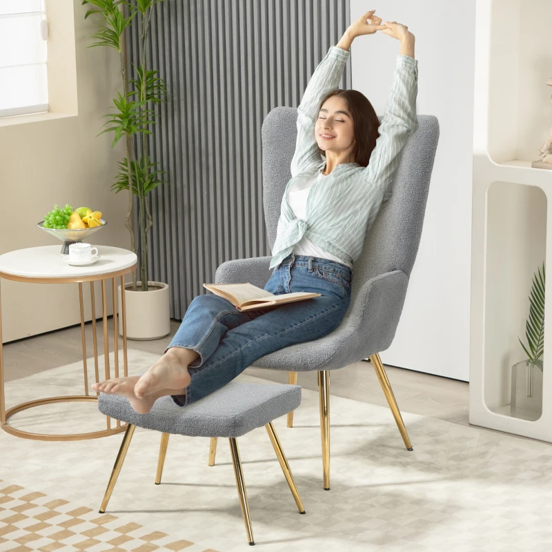 HOMCOM Ensemble fauteuil avec repose-pieds, tissu bouclette gris et pieds en métal doré, dossier haut, grand confort