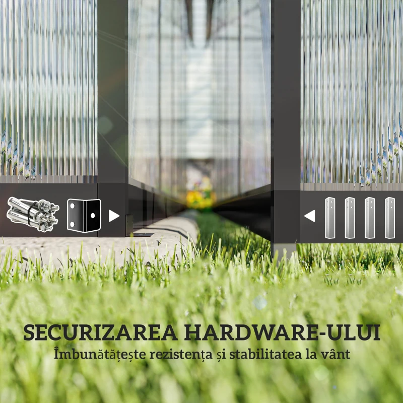 Outsunny Seră pentru grădină din policarbonat și aluminiu cu ușă batantă și 2 ferestre reglabile, 304x247x205 cm, negru