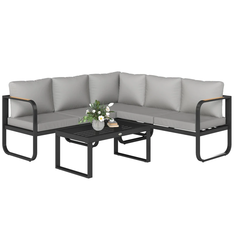 Outsunny L-vorm tuinset weerbestendig metaal zitgroep voor 5 personen tuinlounge met 2- en 3-zitsbank, kussens en bijzettafel, outdoor balkonmeubel-set terrasmeubel voor tuin en balkon, grijs