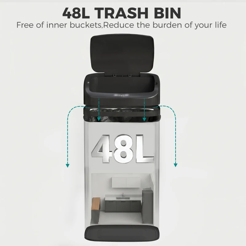 HOMCOM 48L Galvanised Steel Sensor Bin - Black