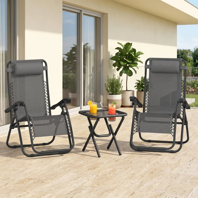 Outsunny Set de 2 Sillas de Gravedad Cero Plegables 90x65x110 cm y Mesa Auxiliar 50x50x50 cm con 2 Portavasos Sillas Reclinables con Reposacabezas para Jardín Terraza Gris