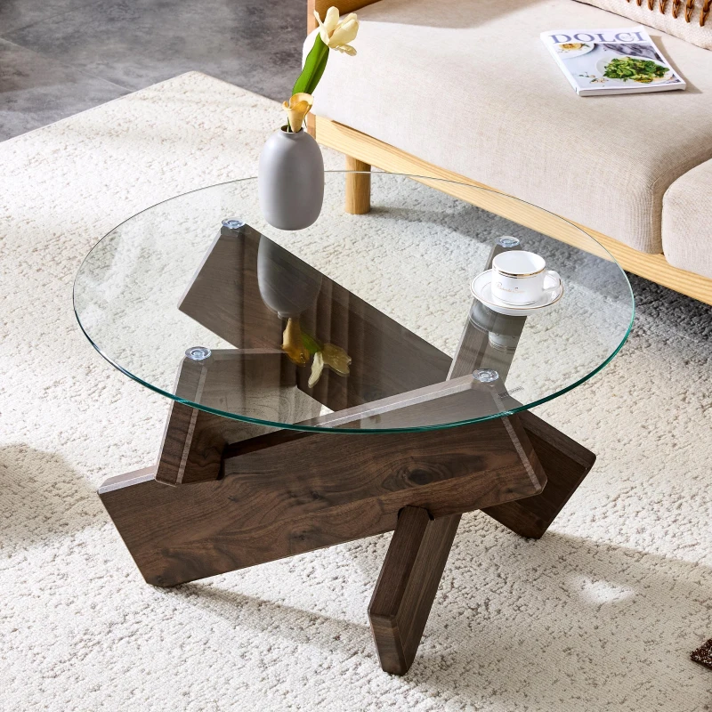 Table basse ronde, design moderne, facile à nettoyer et stable, 79x79x45 cm, Noyer