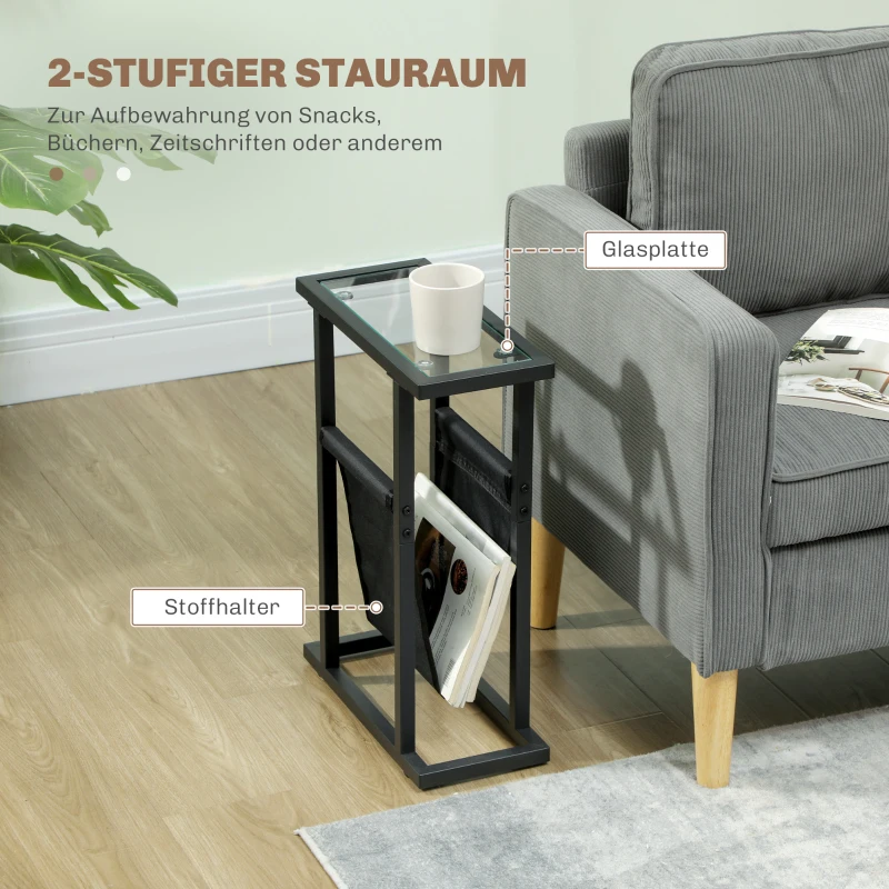 HOMCOM Bijzettafel in Metaal met Stoffen Tas en Glazen Blad, Smalle Tafel voor Woonkamer, Slaapkamer, Zwart