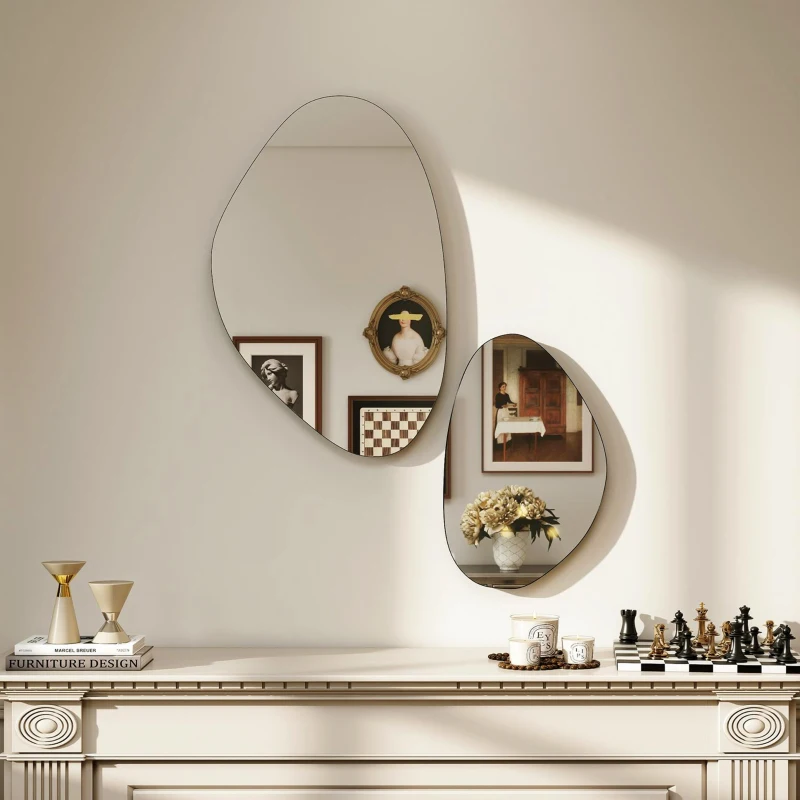 HOMCOM Muurspiegel 2-delige set 70 x 46 cm, 49,5 x 31 cm spiegel met metalen frame hangspiegel in kiezelvorm, Zwart