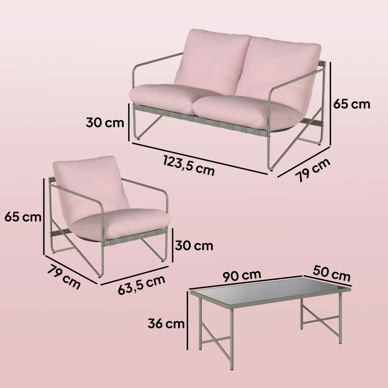 Outsunny Conjunto de Jardim de 4 Peças com Sofá de 2 Lugares 2 Poltronas Mesa de Vidro Temperado e Almofadas Grossas para Terraço Rosa