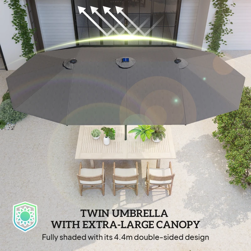 Outsunny 4.4m Double-Sided Sun Umbrella Patio Parasol LED Solar Lights Dark Grey