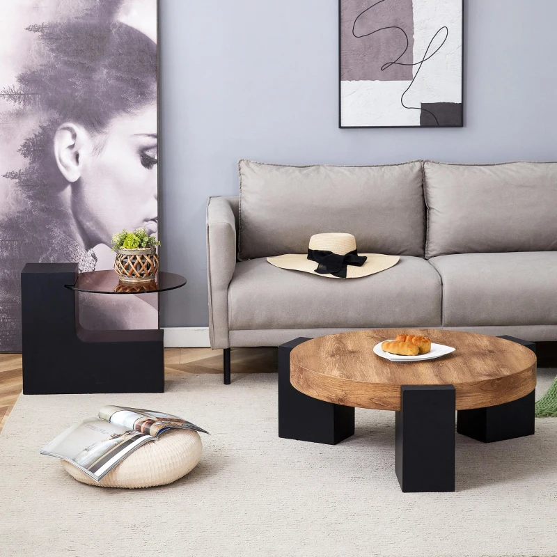 Table basse ronde moderne à 2 niveaux, design démontable et modulable, bords arrondis, 61x61x30 cm, Couleur naturelle