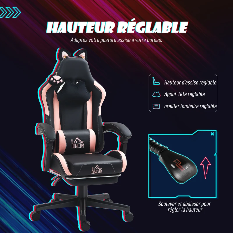 HOMCOM Chaise gaming ergonomique avec Oreilles de Chat, fauteuil gamer avec dossier inclinable, 65 x 62 x 124 cm, noir