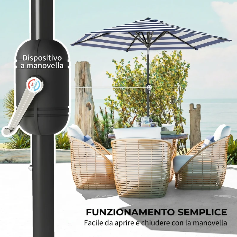 Outsunny Ombrellone da Giardino Inclinabile 2.3x2 m in Poliestere 180g/m², Ombrellone per Esterno da Terrazzo e Patio con Apertura a Manovella, Palo in Metallo e 6 Stecche, Blu e Bianco