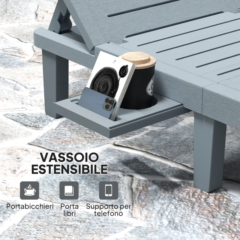 Outsunny Set 2 Lettini Prendisole con Schienale Regolabile e Vassoi, in Polipropilene, 62x158x88 cm, Grigio Scuro
