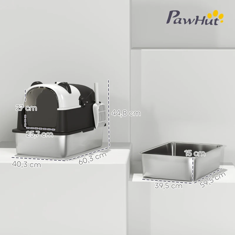 PawHut Arenero para Gatos Grandes Cubierto XL de Acero Inoxidable con Tapa Abatible Pala Bolsa Desodorante Diseño Panda Negro