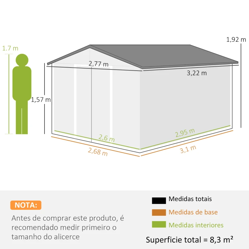 Outsunny Abrigo de Jardim Metálico para Armazenamento de Ferramentas com Base de Reforço Incluída e 4 Janelas 277x322x192 cm Cinza Escuro
