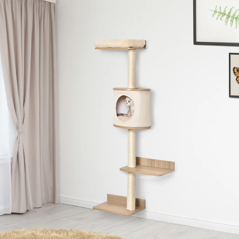 PawHut Árbol para Gatos de Pared 38x30x149 cm con Múltiples Plataformas de Madera Cueva Cama Superior Cojín Extraíble Postes Rascadores de Sisal Torre para Escalar Beige y Roble